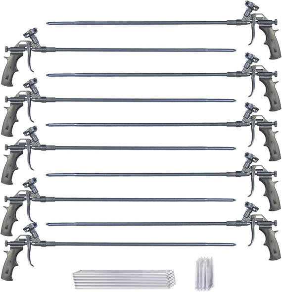 Kit includes ten long-barrel spray foam applicator guns, long extension tubes, and narrow nozzle tips.