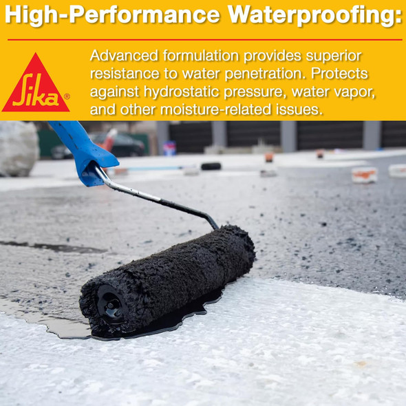Infographic showing black liquid waterproofing being roller-applied to a concrete surface with text highlighting resistance to water penetration, hydrostatic pressure, and water vapor.
