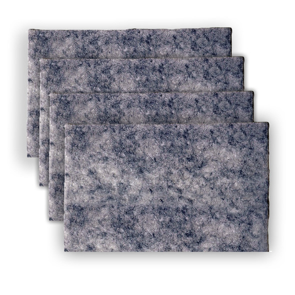 Pack of four rectangular gray textured scrubbing pads stacked overlapping.