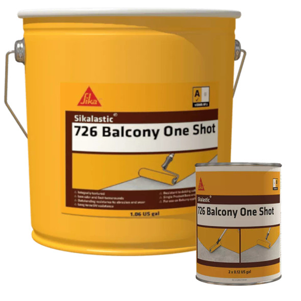 Two-component balcony coating kit including a 1.06 gallon yellow pail and a smaller metal canister.