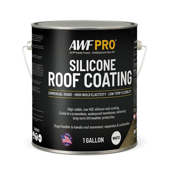 One gallon can of white, commercial-grade silicone roof coating featuring high-build elasticity and low-temperature flexibility.