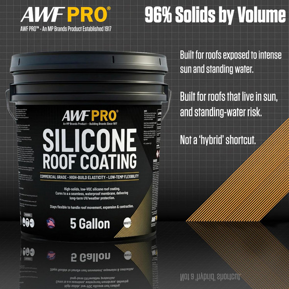Infographic highlighting the specifications of a 5-gallon pail of silicone roof coating. It features 96 percent solids by volume and is engineered for surfaces exposed to intense sunlight and standing water.
