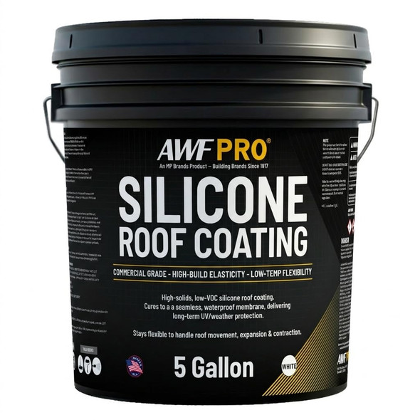 Five gallon pail of AWF PRO white silicone roof coating, a commercial grade, high-solids, low volatile organic compound sealant.