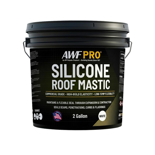 Two gallon pail of AWF PRO white silicone roof mastic, a commercial grade sealant designed for seams, penetrations, and flashings.