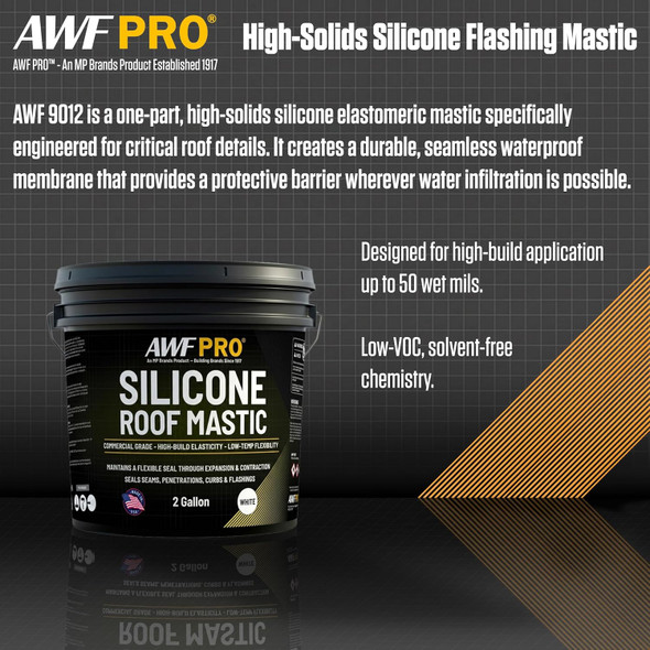 Infographic outlining the features of AWF PRO high-solids silicone flashing mastic, highlighting its high-build application up to 50 wet mils and low volatile organic compound, solvent-free formula.