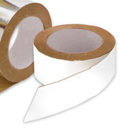 Two rolls of foil tape showing white backing release liner peeling off.