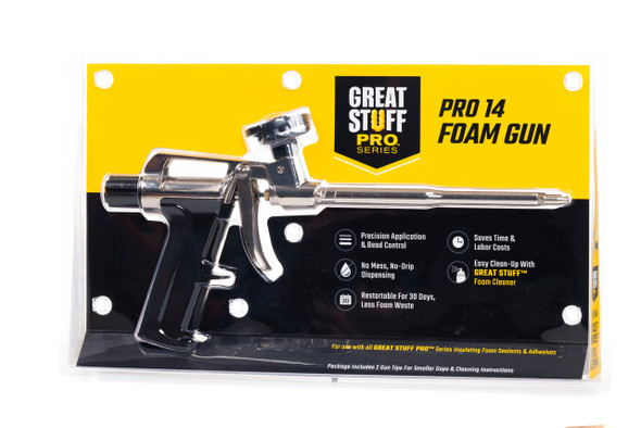 Great Stuff Pro 14 Foam Gun packaged inside a yellow and black retail blister pack.