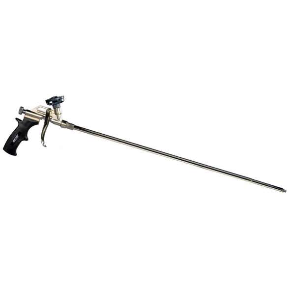 Long-barrel metallic spray foam applicator gun with a black handle facing right against a plain white background.