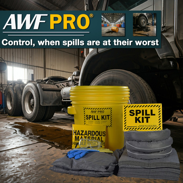 AWF PRO 20 Gallon Universal Spill Kit - 59 Pieces. Perfect for Absorbing Spills of Oils, Coolants, Solvents, & Water. Includes 20g DOT Approved Drum, Universal Socks, Pads & Pillows, & Accessories AWF PRO 20 Gallon Universal Spill Kit - 59 Pieces. Perfect for Absorbing Spills of Oils, Coolants, Solvents, & Water. Includes 20g DOT Approved Drum, Universal Socks, Pads & Pillows, & Accessories