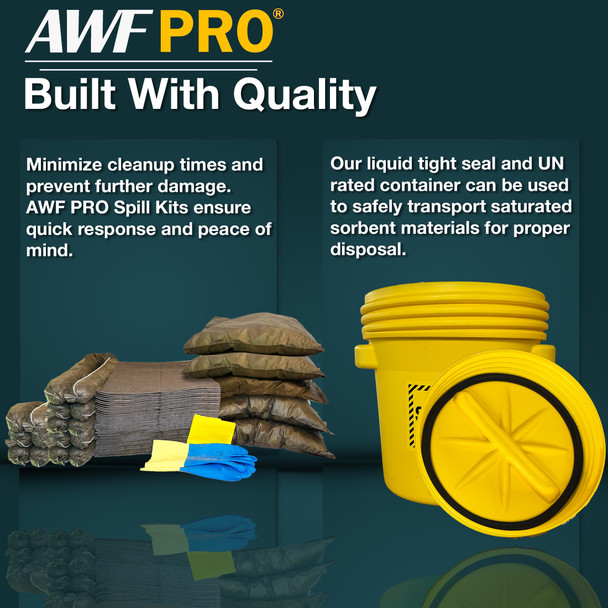 Infographic highlighting the liquid tight seal and UN rated container for transporting saturated sorbent materials.