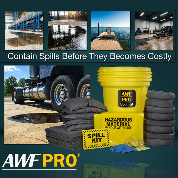 AWF PRO 30 Gallon Universal Spill Kit - 81 Pieces. Perfect for Absorbing Spills of Oils, Coolants, Solvents, & Water. Drum Contains: 15" x 19" Pads, 3" x 4' Socks, 18" x 18" Pillows, Accessories