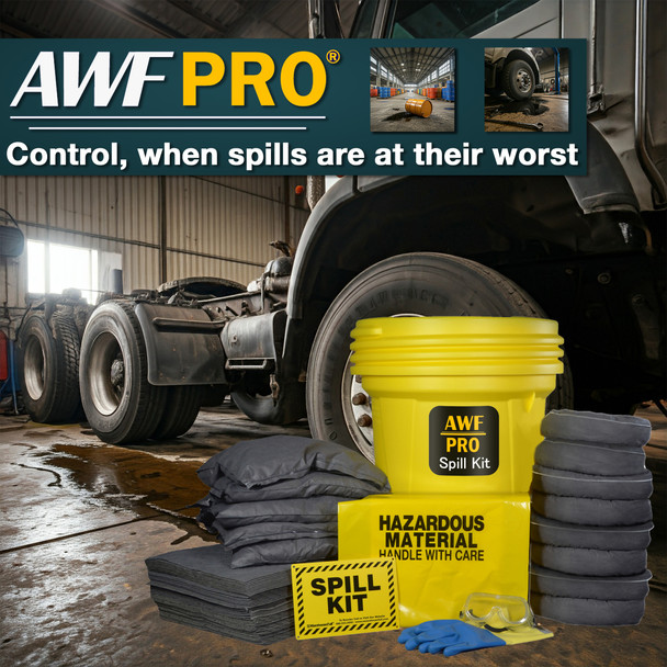 Universal spill kit positioned in a mechanic garage to provide rapid containment of oil and chemical leaks from trucks.