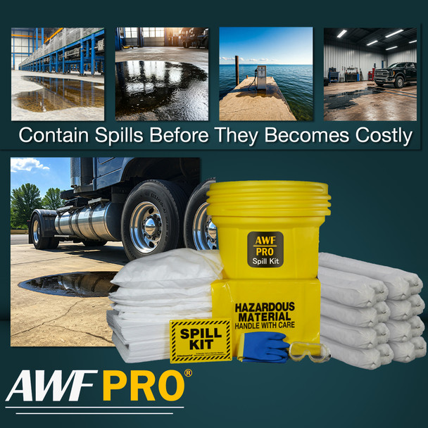 Lifestyle image showing industrial and outdoor settings where a spill kit can prevent costly damage from liquid leaks.