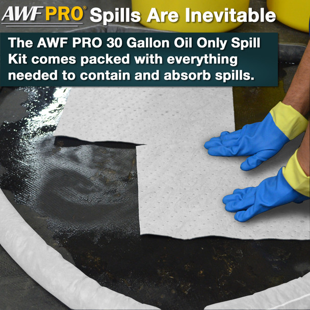 AWF PRO 30 Gallon Oil Only Spill Kit, 75 Pieces: 50 Heavy Duty Pads, 2 - 3"x12' Socks, 6 - 3"x4' Socks, 5 - 18"x18" Pillows, 12 Accessories