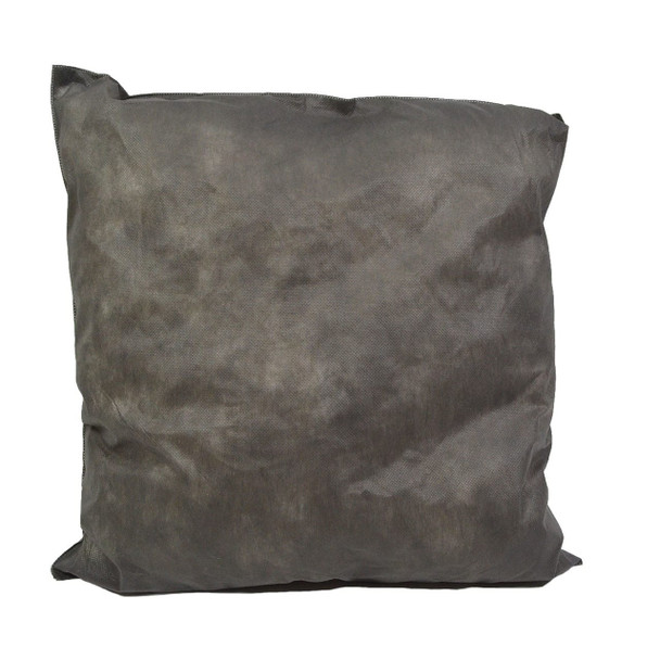 Square gray universal absorbent pillow for cleaning up and containing industrial liquid spills.
