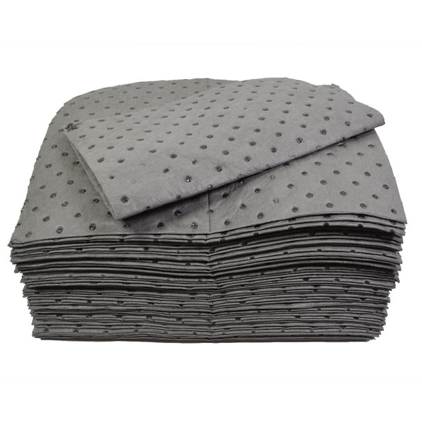 Stack of dimpled gray universal absorbent pads for industrial spill cleanup and maintenance.