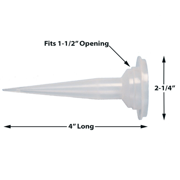 Infographic showing dimensions of a 4-inch-long AWF Pro nozzle with a 2-1/4-inch base that fits a 1-1/2-inch opening.