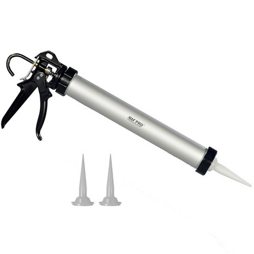 Black AWF Pro caulking gun with a smooth barrel and ladder hook angled upward against a white background.