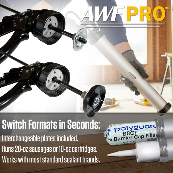 Infographic showing how an AWF Pro caulking gun quickly switches formats to run 20-ounce sausages or 10-ounce cartridges.