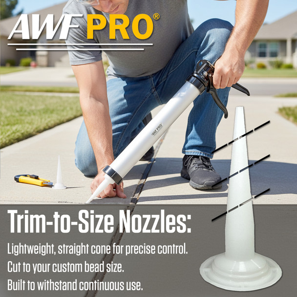 Infographic highlighting the trim-to-size nozzles of an AWF Pro caulking gun for precise control and custom bead size.