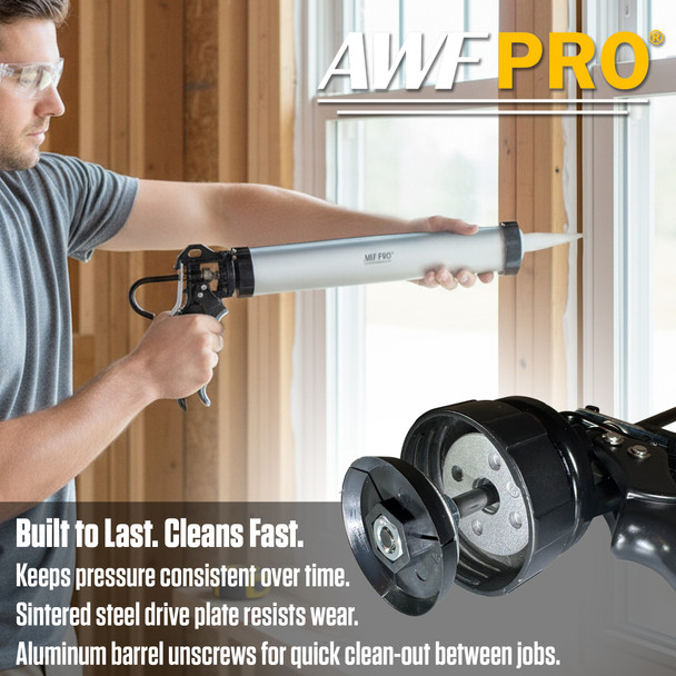 Infographic highlighting the durability and easy clean-out features of an AWF Pro sausage and cartridge caulking gun.