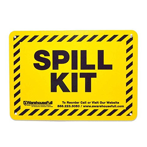 Yellow rectangular sign with a black diagonal striped border and bold "SPILL KIT" text in the center.