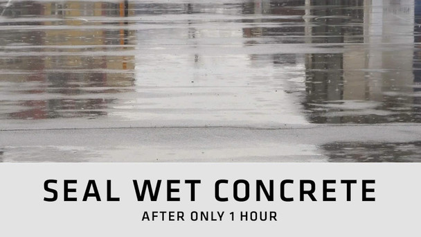 Infographic showing wet concrete with text stating the surface can be sealed after only 1 hour.