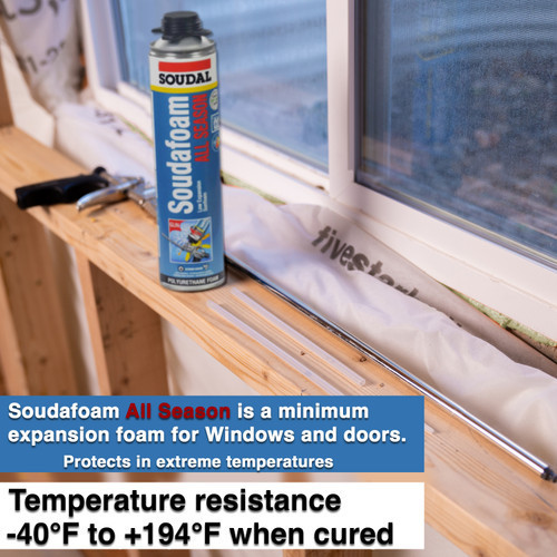 This graphic highlights the properties of Soudafoam All-Season spray foam.

It is a minimum expansion foam designed for windows and doors.

The product provides protection in extreme temperatures.

When cured, it offers temperature resistance ranging from -40 degrees Fahrenheit to 194 degrees Fahrenheit.