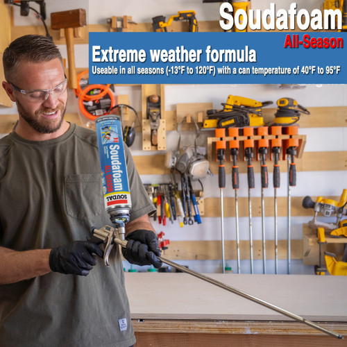 This graphic details the features of Soudafoam All-Season spray foam.

It features an extreme weather formula that is usable in all seasons.

The product is effective in temperatures ranging from -13 degrees Fahrenheit to 120 degrees Fahrenheit.

The required can temperature for use is between 40 degrees Fahrenheit and 95 degrees Fahrenheit.