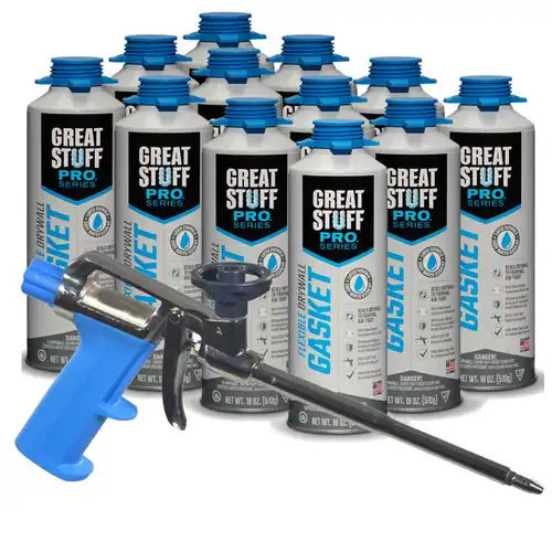A professional foam dispensing gun with a bright blue handle and trigger housing, entirely coated in a matte black non-stick finish across the basket, barrel, and nozzle