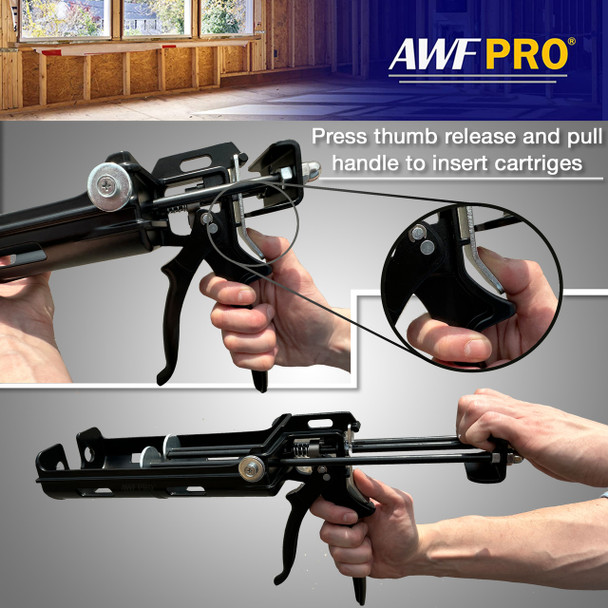 Infographic showing instructions to press the thumb release and pull the handle on an AWF Pro epoxy gun to insert cartridges.