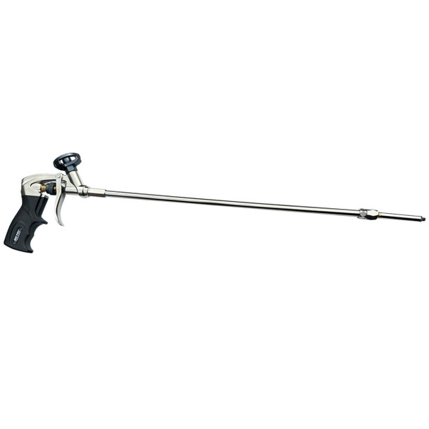 Silver spray foam applicator gun with extended barrel and black grip on a white background.