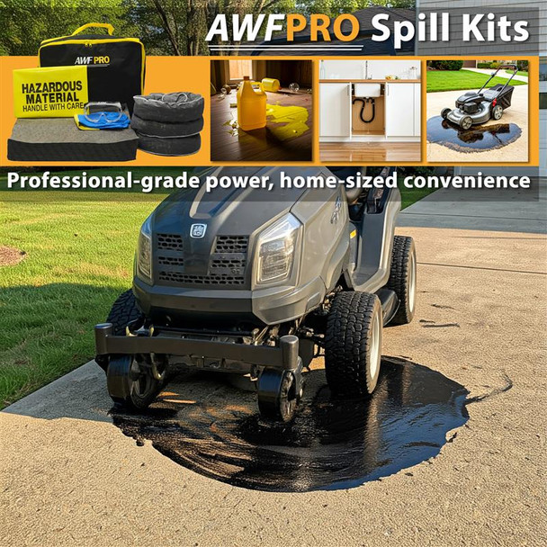 Promotional image showing portable spill kit components with absorbent pads and socks beside oil spill under riding mower, highlighting quick cleanup for home and professional use