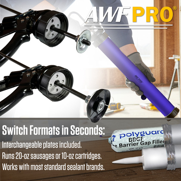Infographic showing an AWF Pro blue caulking gun switching between formats for 20-oz sausages and 10-oz cartridges.
