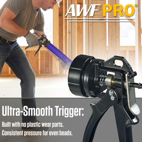 Infographic highlighting the ultra-smooth trigger and all-metal build on an AWF Pro blue caulking gun.