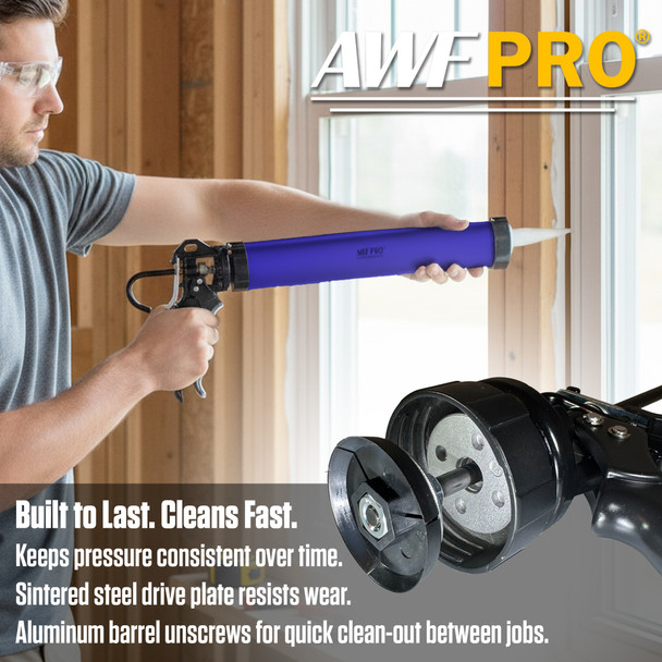 Infographic highlighting the durable construction and easy clean-out features of an AWF Pro blue caulking gun.