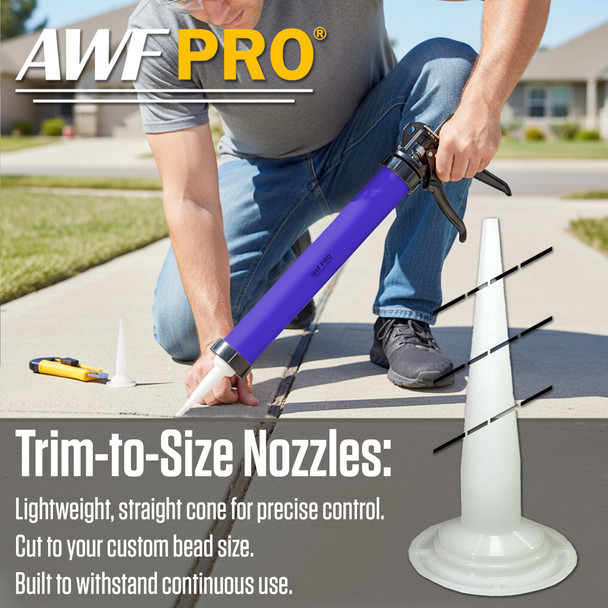 Infographic highlighting trim-to-size nozzles on an AWF Pro blue caulking gun used outdoors on a sidewalk.