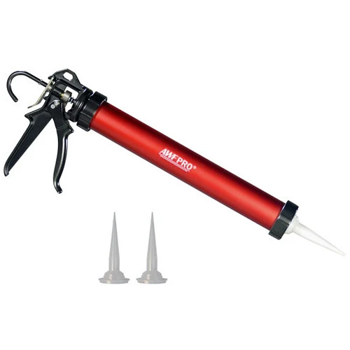 Red AWF Pro caulking gun with a smooth barrel and two nozzles angled upward against a white background.