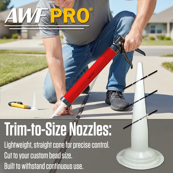 Infographic highlighting trim-to-size nozzles on an AWF Pro red caulking gun used outdoors on a sidewalk.