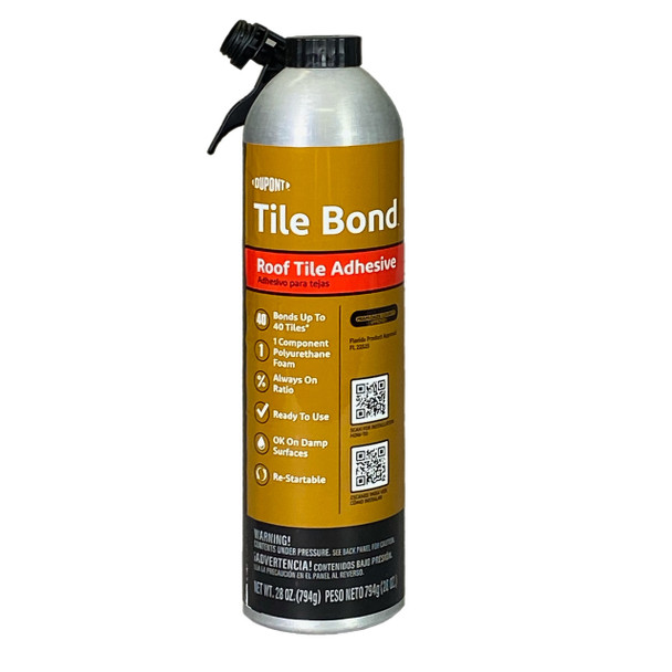 Twenty eight ounce aerosol can of one-component polyurethane roof tile adhesive foam.