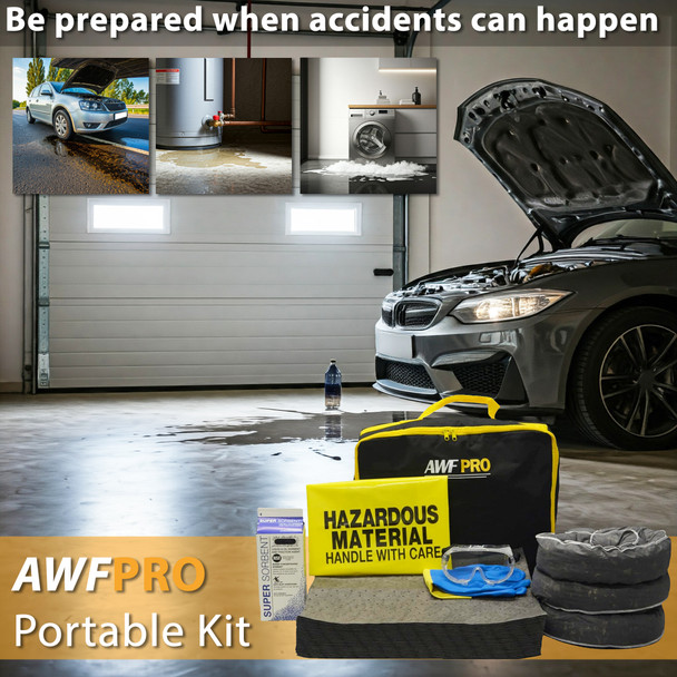 Spill cleanup kit with absorbent pads, socks, goggles, gloves, and hazard bag displayed beside an open car hood in a garage setting
