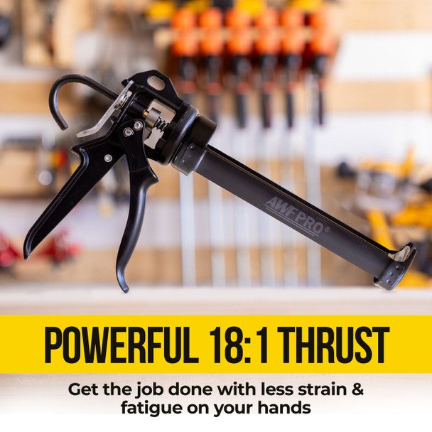 Infographic highlighting the powerful 18:1 thrust feature on an AWF Pro caulking gun in a workshop.