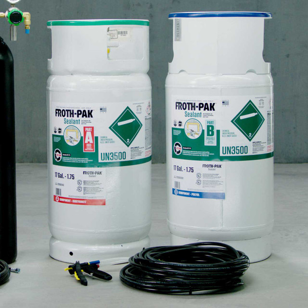 Kit includes two 120 gallon spray foam sealant tanks for Part A and Part B, application gun, and coiled hose.
