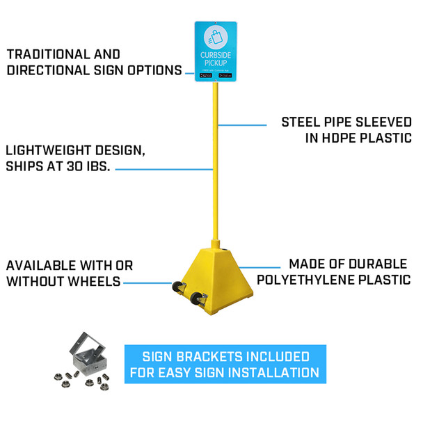 "Portable yellow pyramid sign base with tall post, wheels, and feature callouts describing lightweight polyethylene construction and sign bracket compatibility