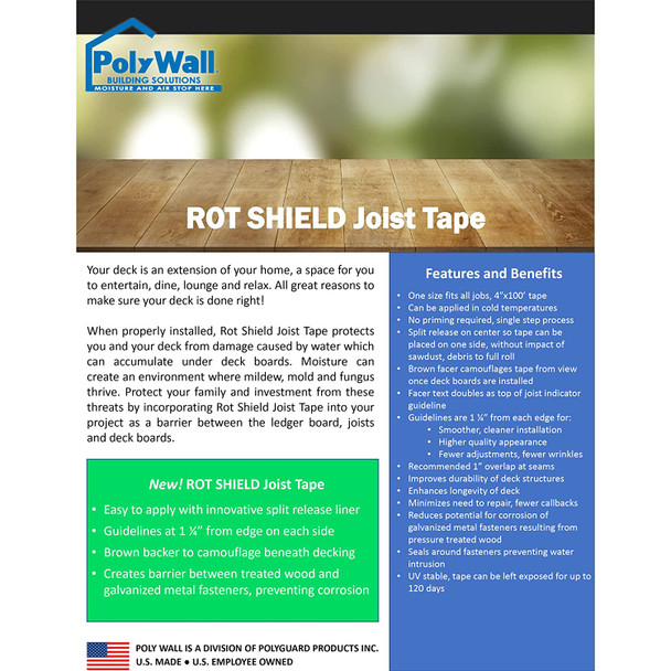 Infographic showing a person walking on a finished wood deck, noting the joist tape protects the underlying frame from rot.