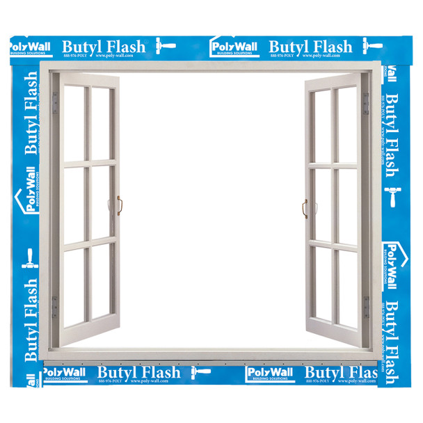 Blue butyl flashing tape applied to the perimeter of an open white window frame for waterproof protection.
