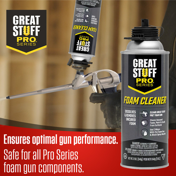 This graphic highlights that Great Stuff Pro Series foam cleaner is safe for all Pro Series foam gun components. It also notes that the cleaner helps ensure optimal gun performance.