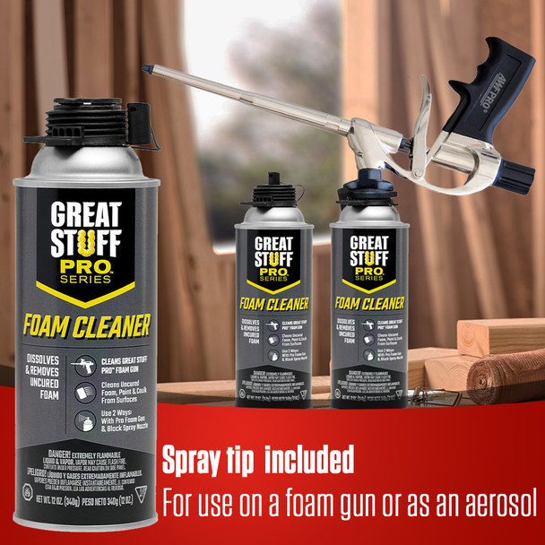 This graphic illustrates that the Great Stuff Pro Series foam cleaner comes with a spray tip included. It is designed for use either with a foam gun or as an aerosol.