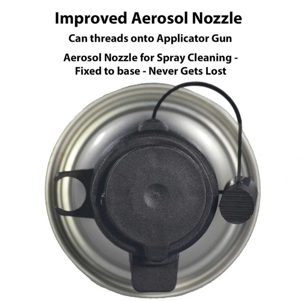 This graphic highlights features of the improved aerosol nozzle:

The nozzle can thread onto an applicator gun.

It serves as an aerosol nozzle for spray cleaning.

The nozzle is fixed to the base, ensuring it never gets lost.