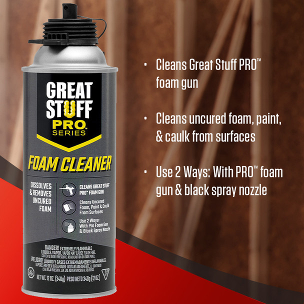 This graphic highlights the capabilities of the 12 ounce Great Stuff Pro Series foam cleaner.

It is designed to clean the Great Stuff Pro foam gun.

The cleaner removes uncured foam, paint, and caulk from various surfaces.

It can be used in two ways: by attaching it to the Pro foam gun or by using the included black spray nozzle.